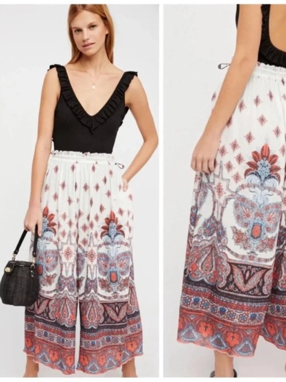 FREE PEOPLE Gold Dust Wide Leg Pant S Culottes Crepe Gauze Beachy Boho Relaxed